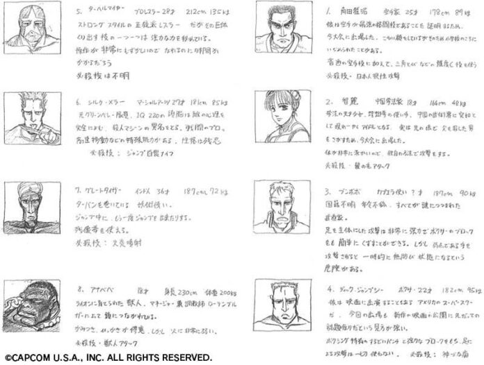 Esboço original do conceito de Chun-Li e outros personagens de Street Fighter 2