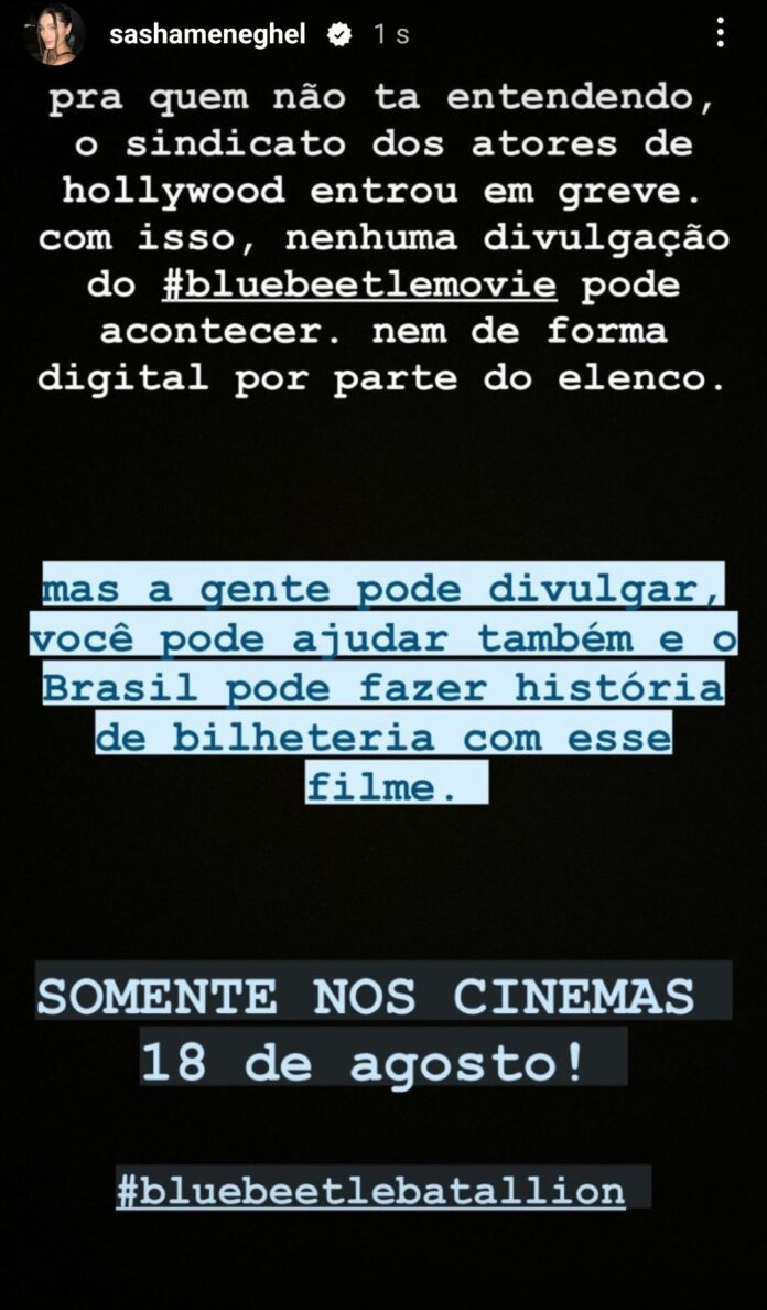 Sasha Meneghel divulga "Besouro Azul" de graça em apoio a Bruna Marquezine