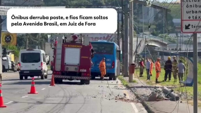 Ônibus derruba poste, e fios ficam soltos pela Avenida Brasil, em Juiz de Fora