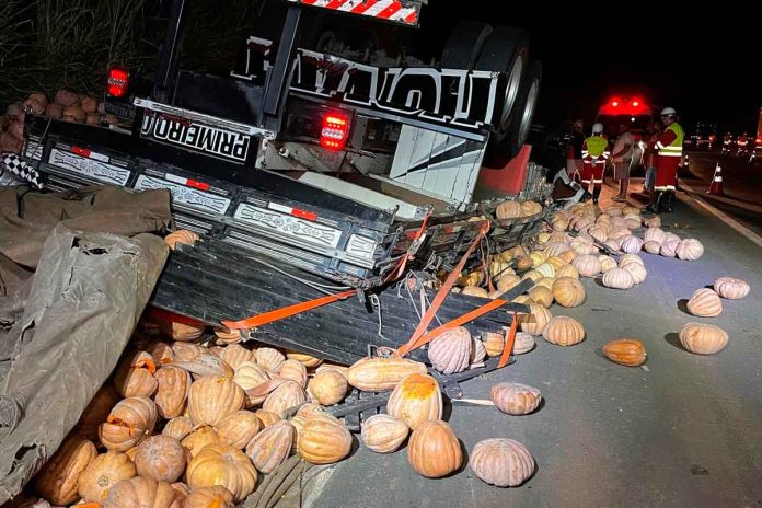 Caminhão carregado com abóbora tomba na BR-116 e motorista morre br 116 abobora bombeiros.jpg2