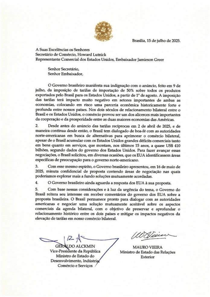 Carta do governo federal brasileiro às autoridades dos EUA
